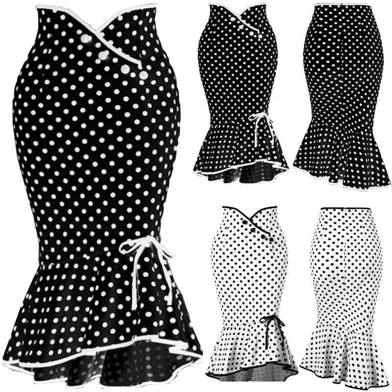 Summer  Women High Waist Mermaid Skirt Polka Dot Knee Length Trumpet Skirts Lady Office Wear Skirts