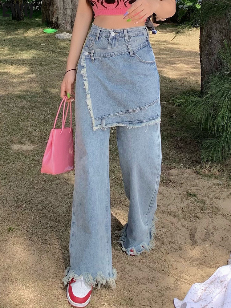 [EWQ]  Style Retro Fake Two-piece Stitching Jeans Irregular Frayed Hakama Design High Waist Pants  Autumn 16Y355