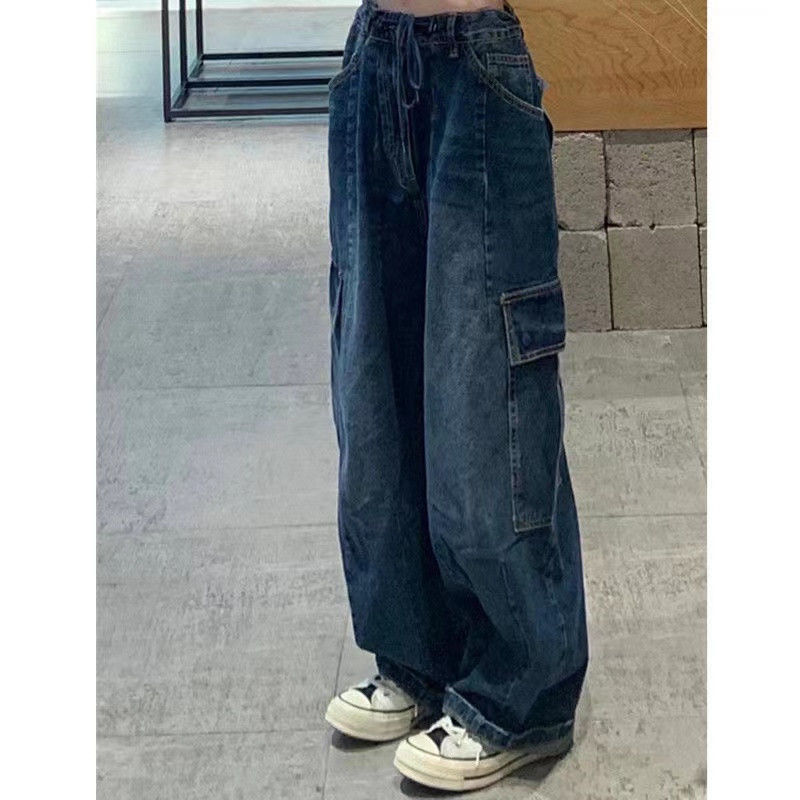 Women Vintage Pockets Baggy Cargo Jeans Y2K Streetwear High Waisted Straight Wide Leg Pants Denim Trousers Harajuku Alt Clothes