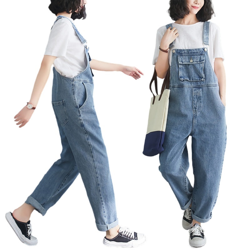 Fat Sister Denim Overalls Women's pants  spring and autumn jeans pure cotton Large size Loose  slimming jumpsuit