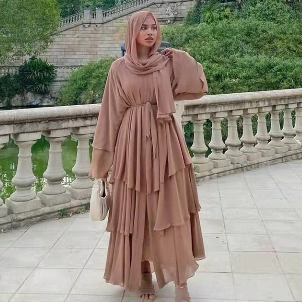 2 Pieces Set Hijab Muslim Dress Women Chiffon Big Swing Turkish Long Dresses Caftan Marocain Hijab Abaya Dubai Suit Female Robe
