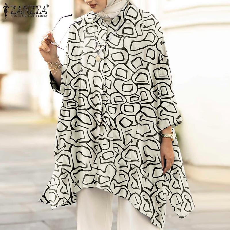 ZANZEA High Low Autumn Solid Muslim Shirts Women's Blouse Casual Retro Long Sleeve Turkish Blusas Female Buttons Islam Clothing