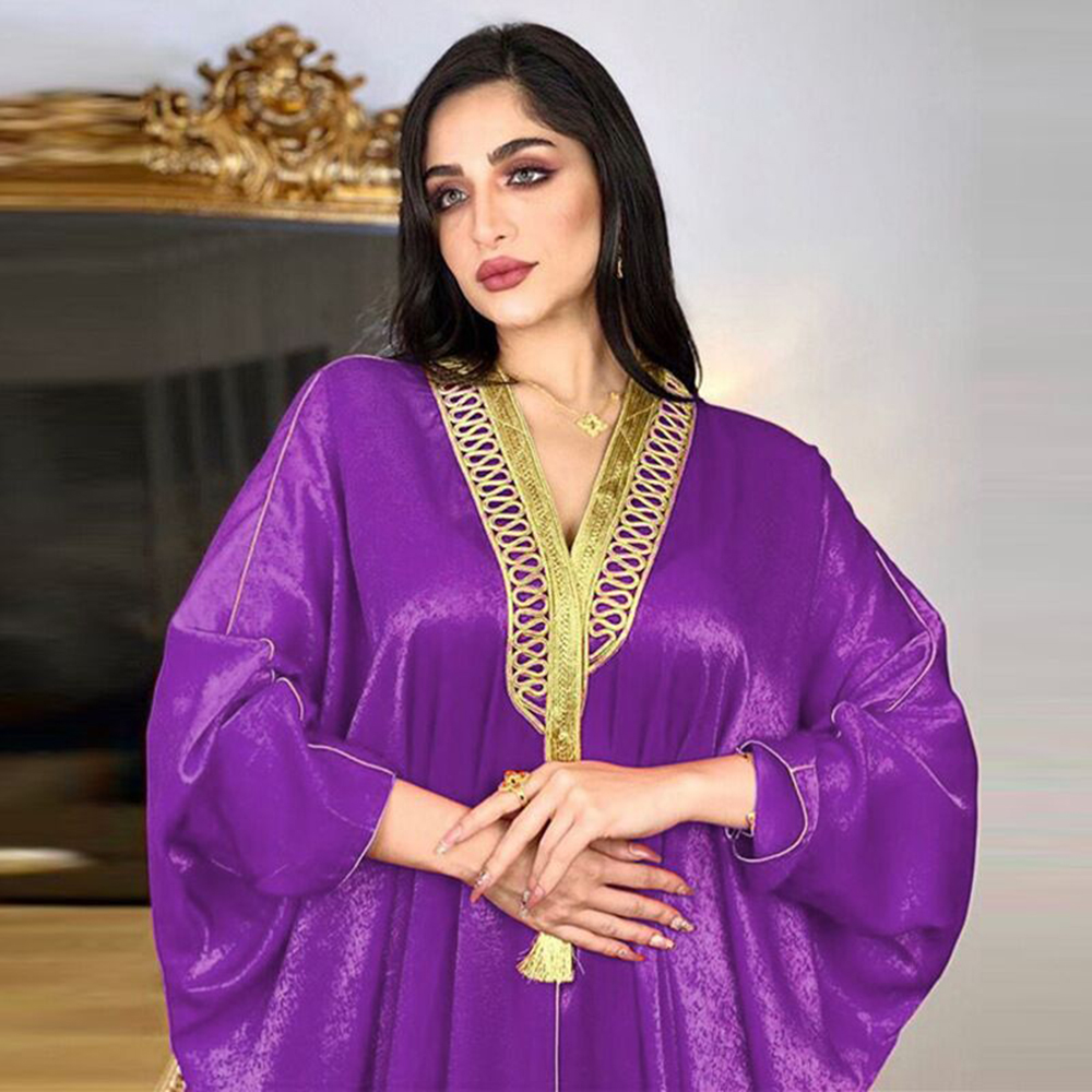  Muslim Kimono Abaya Velvet Gold Ribbon Batwing Sleeve Open Front Gown Dress for Women Arabic Moroccan Turkey Caftan 