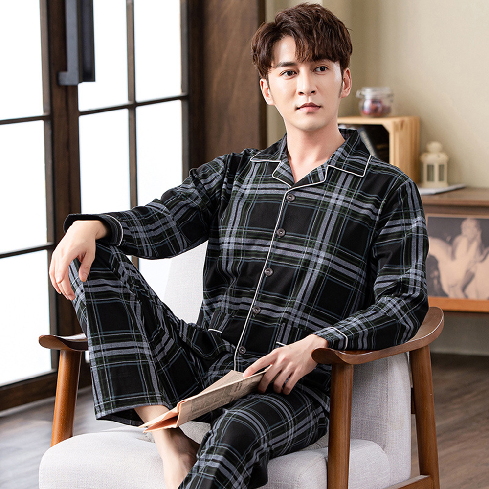 Spring autumn Cotton Pajamas Sets For Men Plaid Sleepwear Suit Casual Home Clothes Pijamas Hombre Loungewear Plus Size 4XL