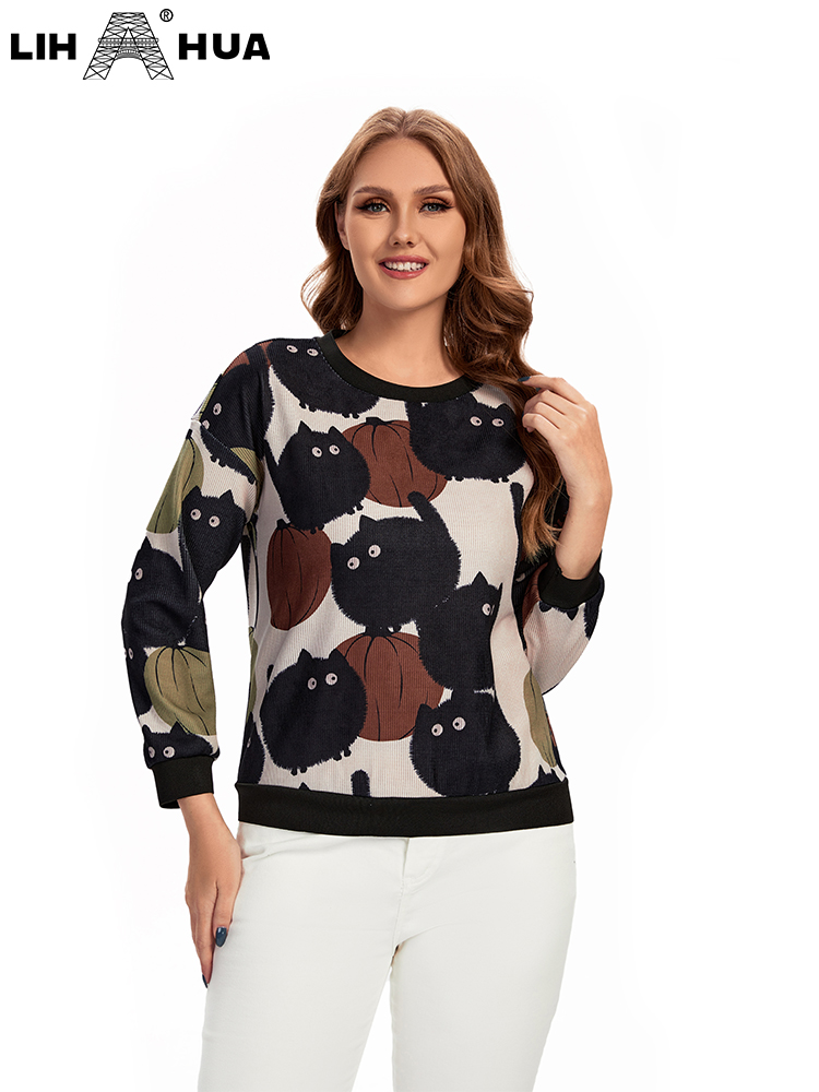 LIH HUA Women's Plus Size T-Shirt Spring Cotton T-Shirt Long Sleeve Printed Cartoon Graphic Top Round Neck Elastic Loose Top