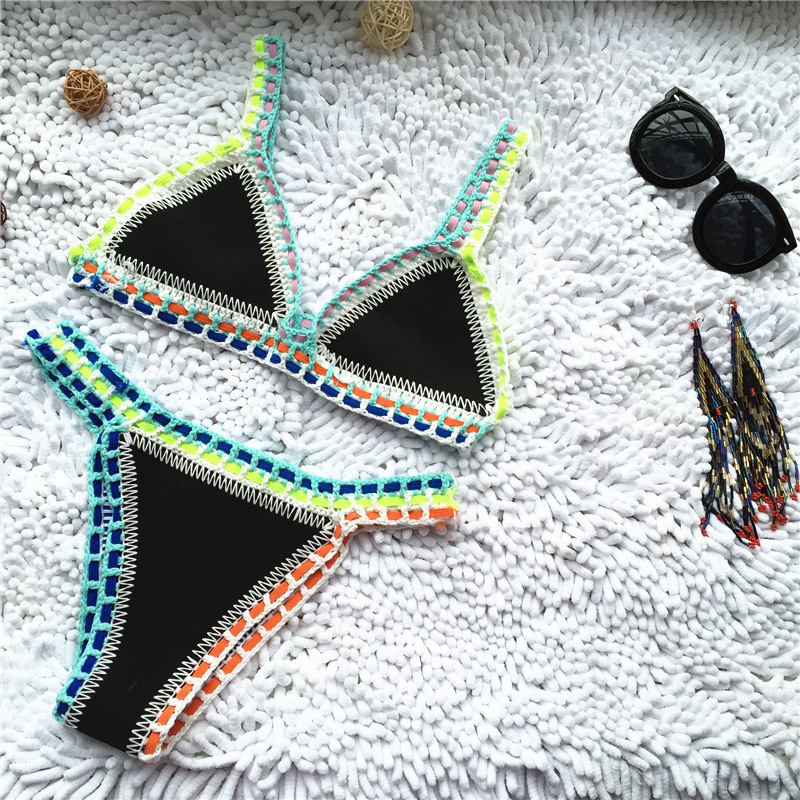Micro Bikini  Women Handmade Crochet Knit Swimwear Halter Patchwork Bathing Suit Swimsuit Biquini Thong Bikini traje de bano