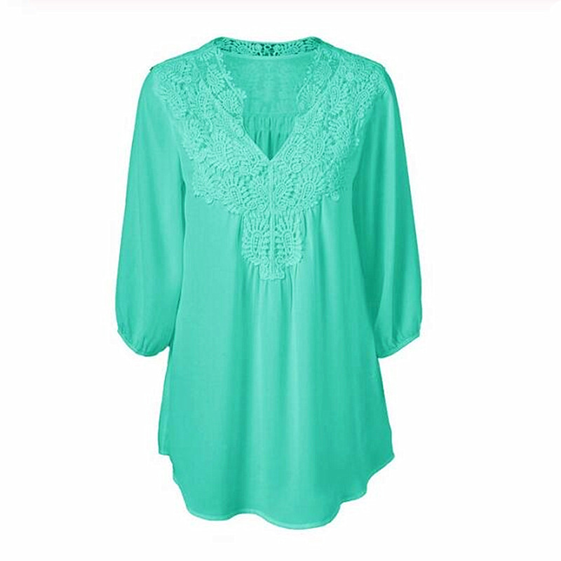 Spring Summer Women Blouses Lace Chiffon Hollow V-neck Shirts Plus Size Loose Three Quarter Sleeve Tops Shirts Women