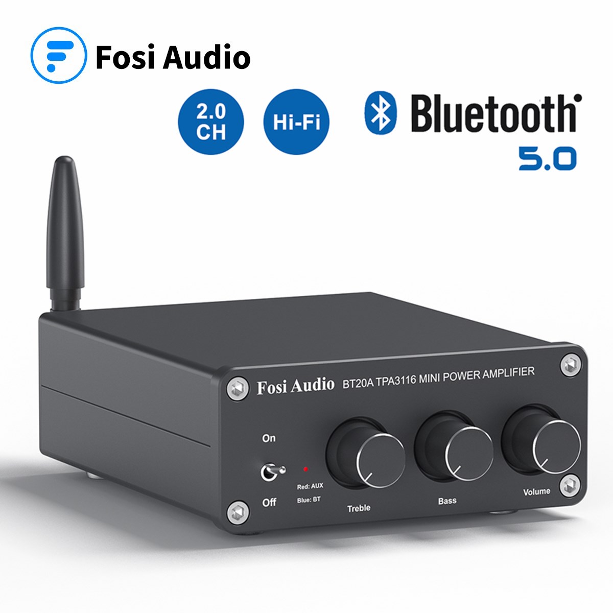Fosi Audio BT20A Bluetooth TPA3116D2 Sound Power Amplifier 100W Mini HiFi Stereo Class D Amp Bass Treble For Home Theater