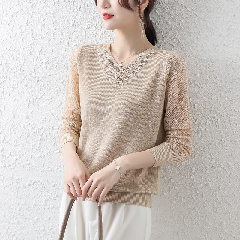 Loose Bottoming Shirt Women's Long-sleeved T-shirt Spring and Autumn  Thin Hollowed-out Western-style Knitted Top