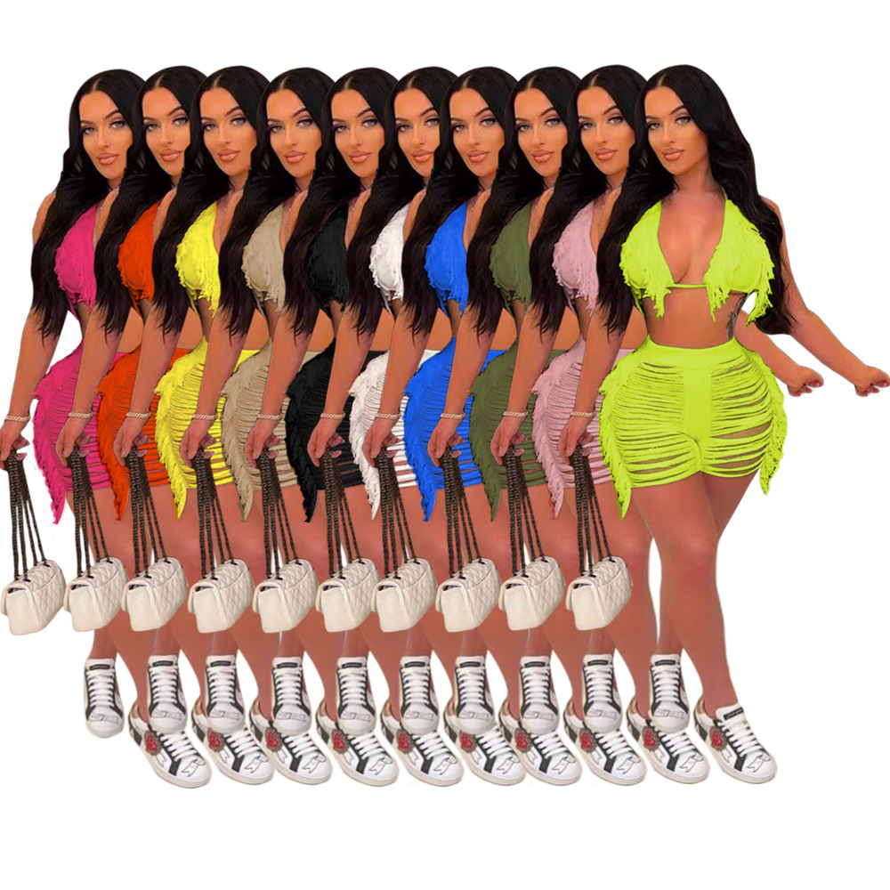 Tassel Knitted Bikini Set Cover-ups Solid Fishnet Off Shoulder Crop Top Hollow Out Short  Summer Beach Wear 2 Pieces Set