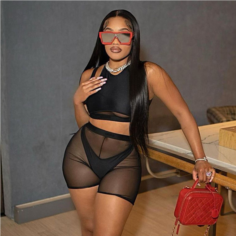 Women Summer Sexy Sheer Mesh Sleeveless Tank Crop Top + Shorts See Through Club Party Tracksuit Outfits Casual Black 2 Piece Set
