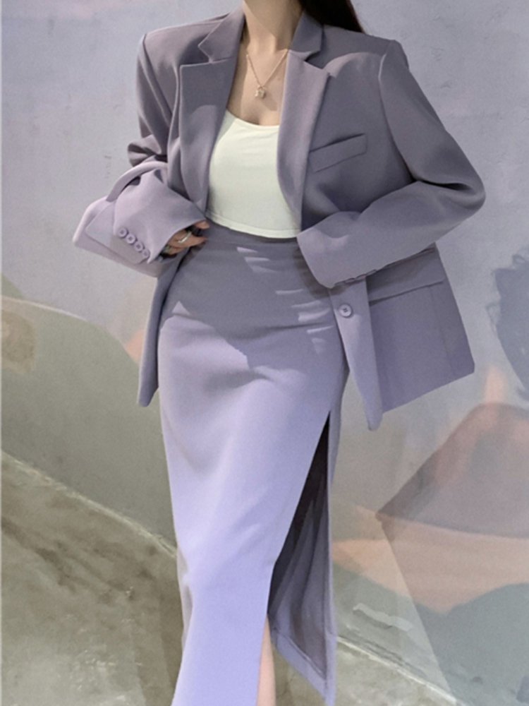  Office Ladies' Suits With Skirt Two-Piece Setup Autumn Women Purple With Belt Blazer Chic High-Waist Split Skirt Outfit