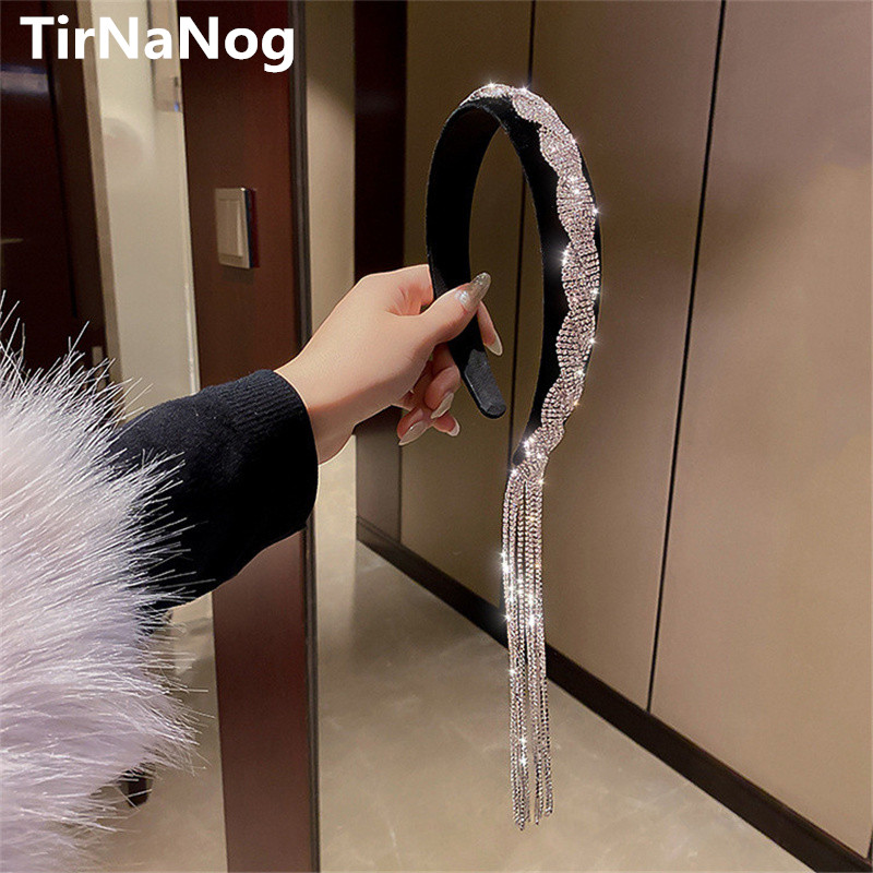  Long Tassel Hair Hoop  Elegant  Crystal Black Velvet Hairpin Women Jewelry Gifts