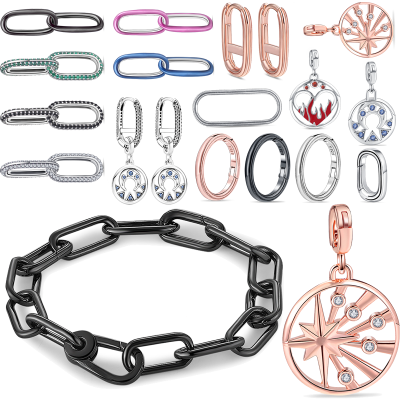  925 Sterling Silver Earring Me Ring Bead  Round Connector Charm Double fit Original Pandora Me Link Chain Bracelet Jewelry
