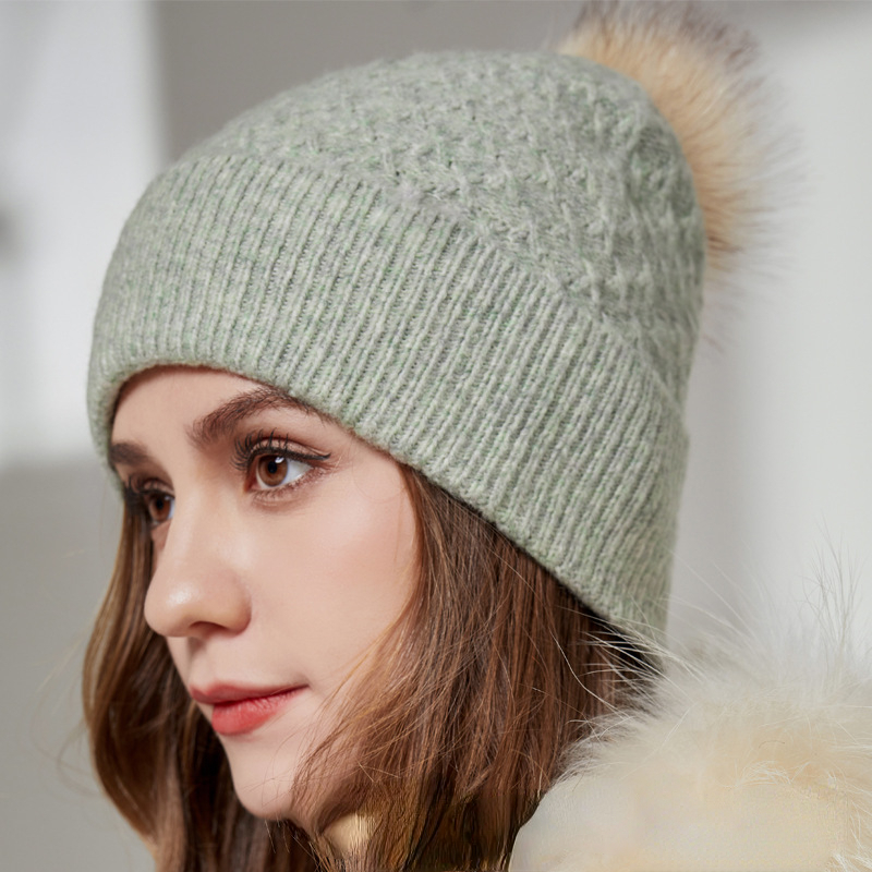 Women's Wool Beanie Blend Real Fox Plush Pom-pom Women's Warm Hats  Age Reduction Ribbed Hats Outdoor Warm Winter Hats