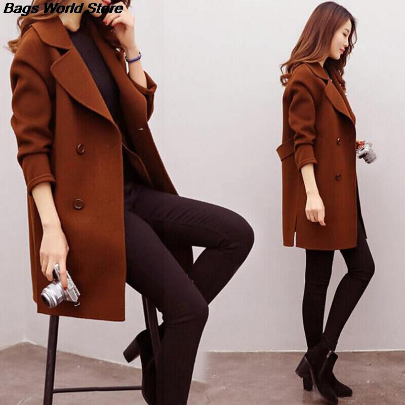 Women Wool Blend Warm Long Coat  Female Slim Fit Lapel Woolen Overcoat Autumn Winter Cashmere Outerwear Plus Size