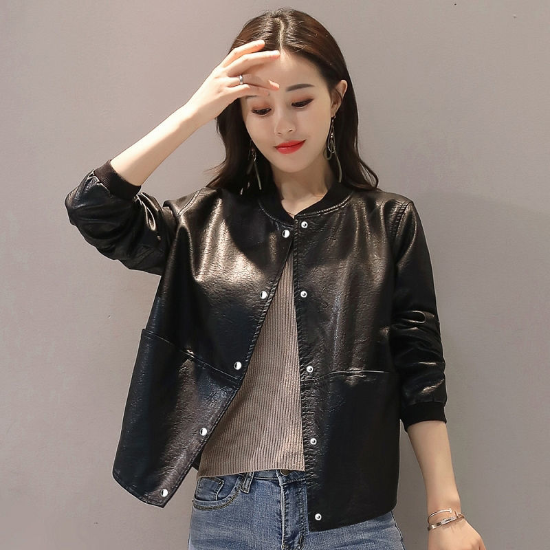  Short Leather Jacket Women's Spring Autumn  Loose Large Casual Leather Lady PU Leather Jacket Coat