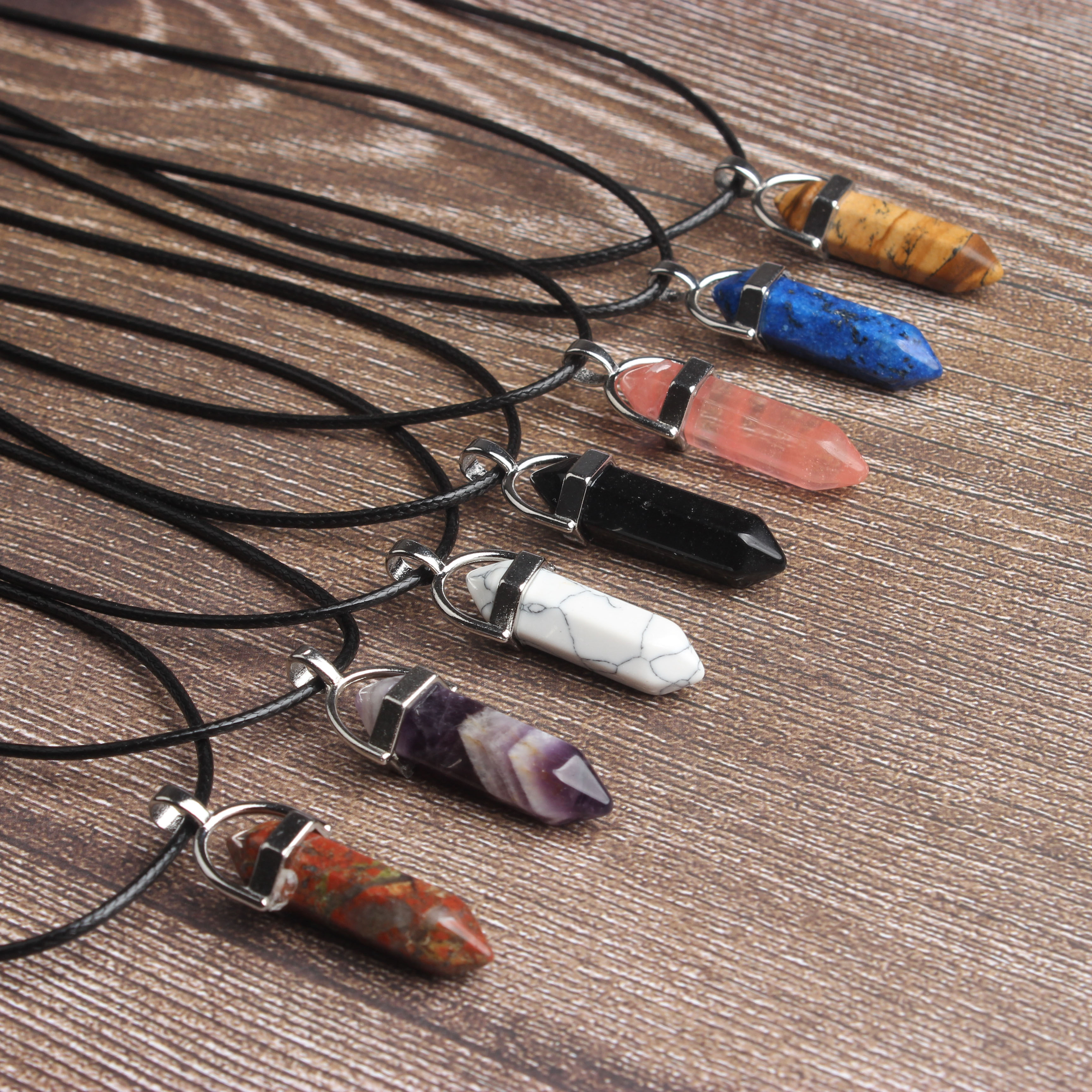 LinxiangHexagonalColumn Necklaces natural crystal pendant Stone Pendant Leather Necklace men's and women's  jewelry Amule