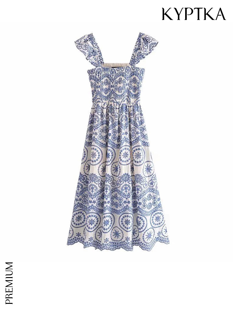 KYPTKA Women  Cutwork Embroidery Smocked Midi Dress Vintage Backless Ruffled Straps Female Dresses Vestidos Mujer