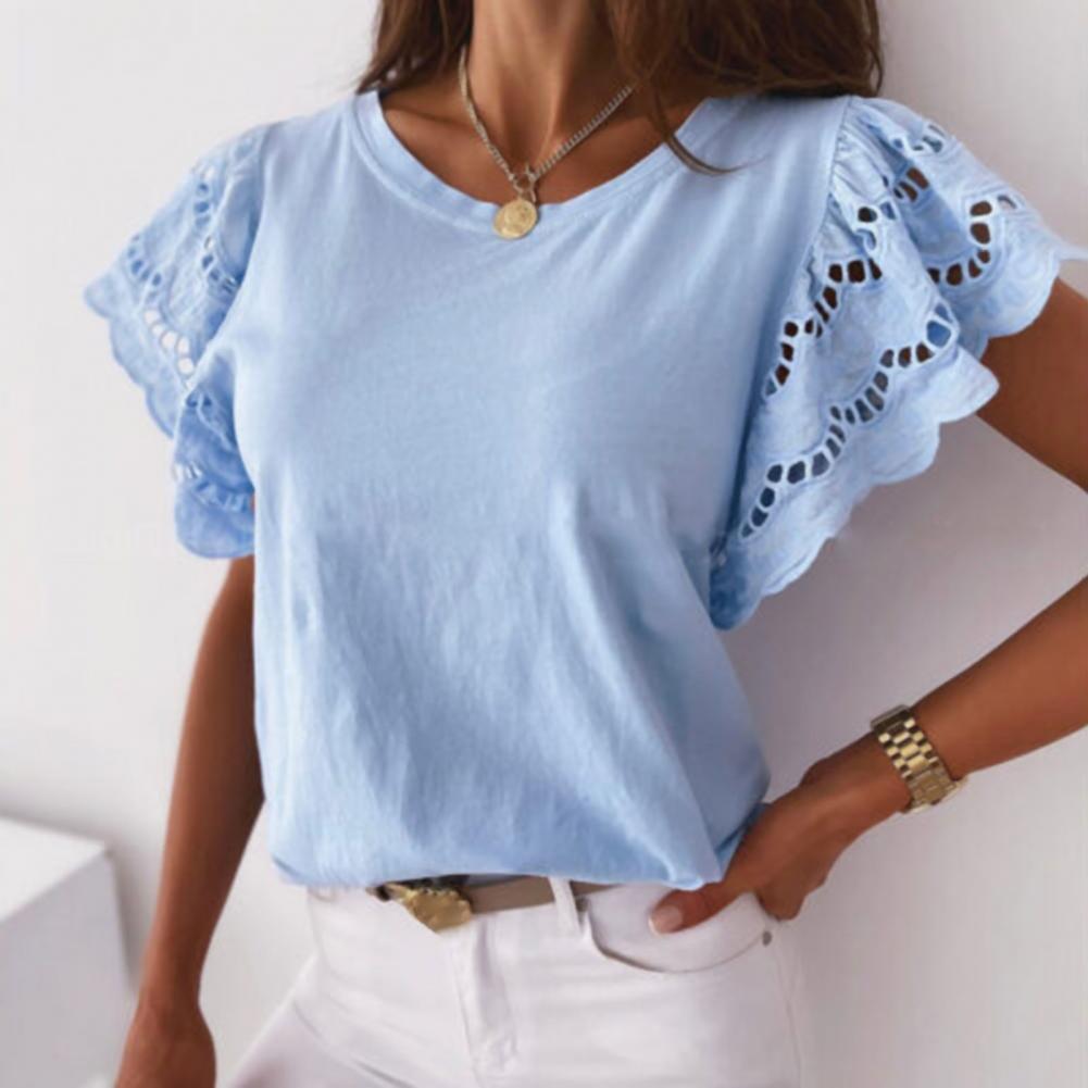 Summer Women Hollow Out Stitching T-Shirt Casual O-Neck Ruffle Short Sleeve Top Elegant White Black  Women's Clothing 