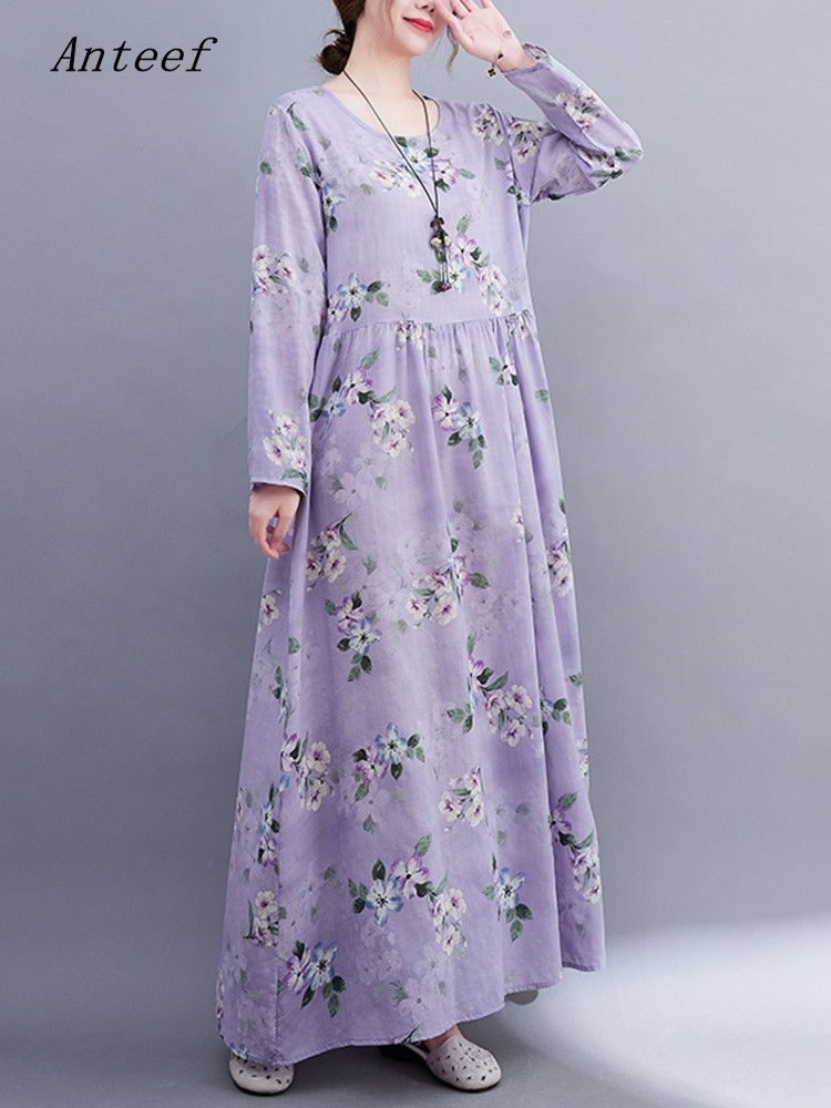 long sleeve oversized cotton vintage floral dresses for women casual loose spring summer autumn dress elegant clothing 