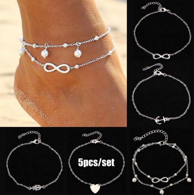 5pcs/set Bohemia Silver Foot Beach Anklets Heart Palm Anchor Infinity Anklet Bracelet  Foot Chain Women's Jewelry