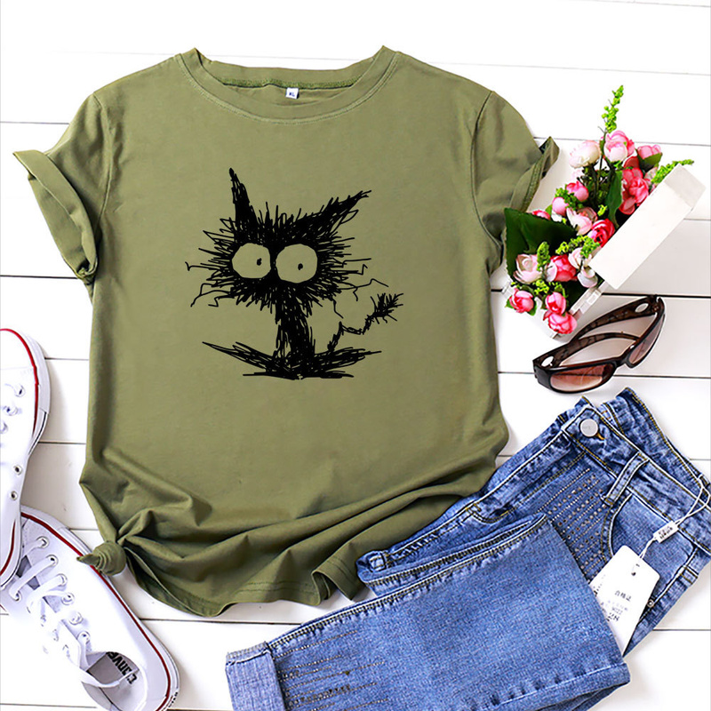 Women Summer Tshirt Cotton  Casual Cat Printing  Female Graphic Kawaii T Shirts Ladies Regular Short Sleeve Tees Tops