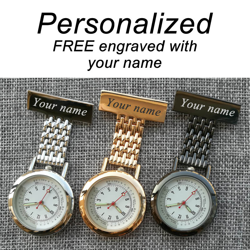 Personalized Your Name Engraved Pin Brooch BIG Count Pluse Meter Dial Luminous Hand Top  Stainless Fob Nurse Pocket Watch