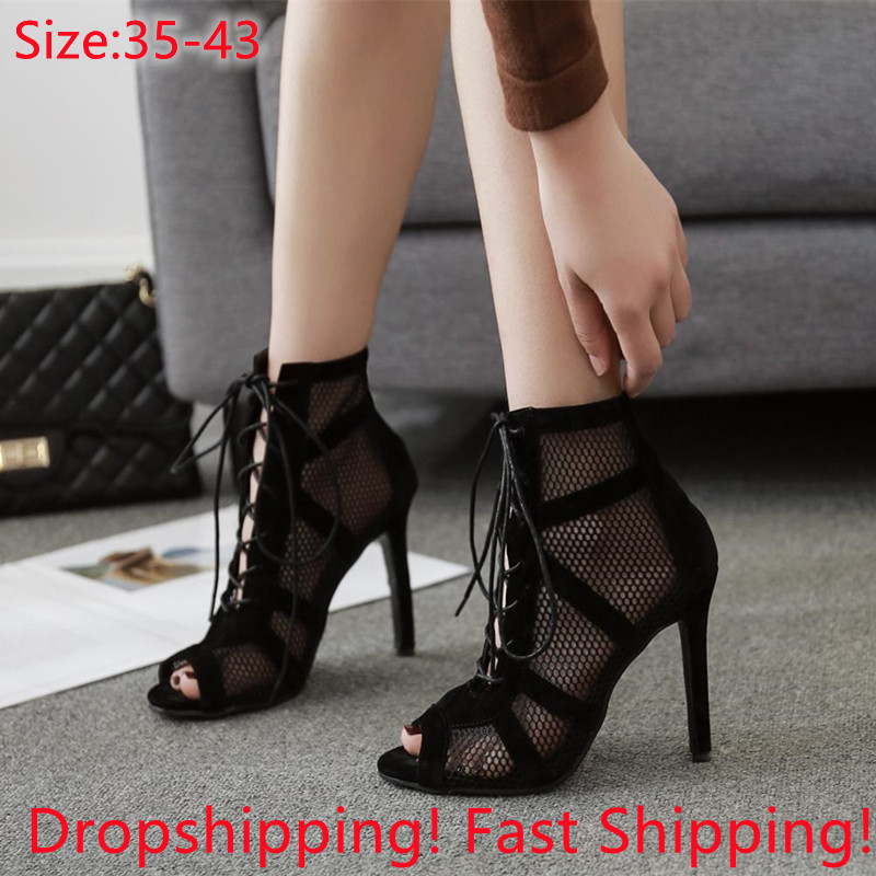  show Black Net Fabric Cross strap Sexy high heel Sandals Woman shoes Pumps Lace-up Peep Toe Sandals Casual Mesh