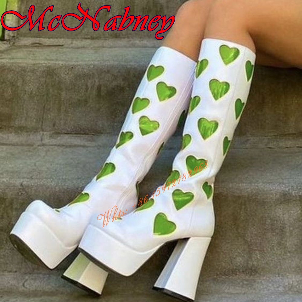 Sweet Heart Patent Leather Boots Knee High Chunky High Heels Round Toe Women Runway Shoes Side Zipper Patchwork Spring Party