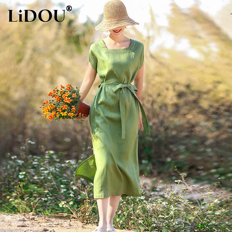 Summer Solid Cotton Linen Loose Casual Long Dress Short Sleeve Elegant  Vestidos De Fiesta Aesthetic Chic Robe Femme