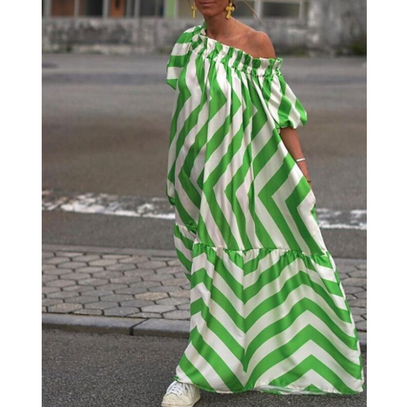 Women's A Line Dress Maxi Long Dress Green Half Sleeve Striped Ruched Print Spring Summer One Shoulder Elegant Casual 