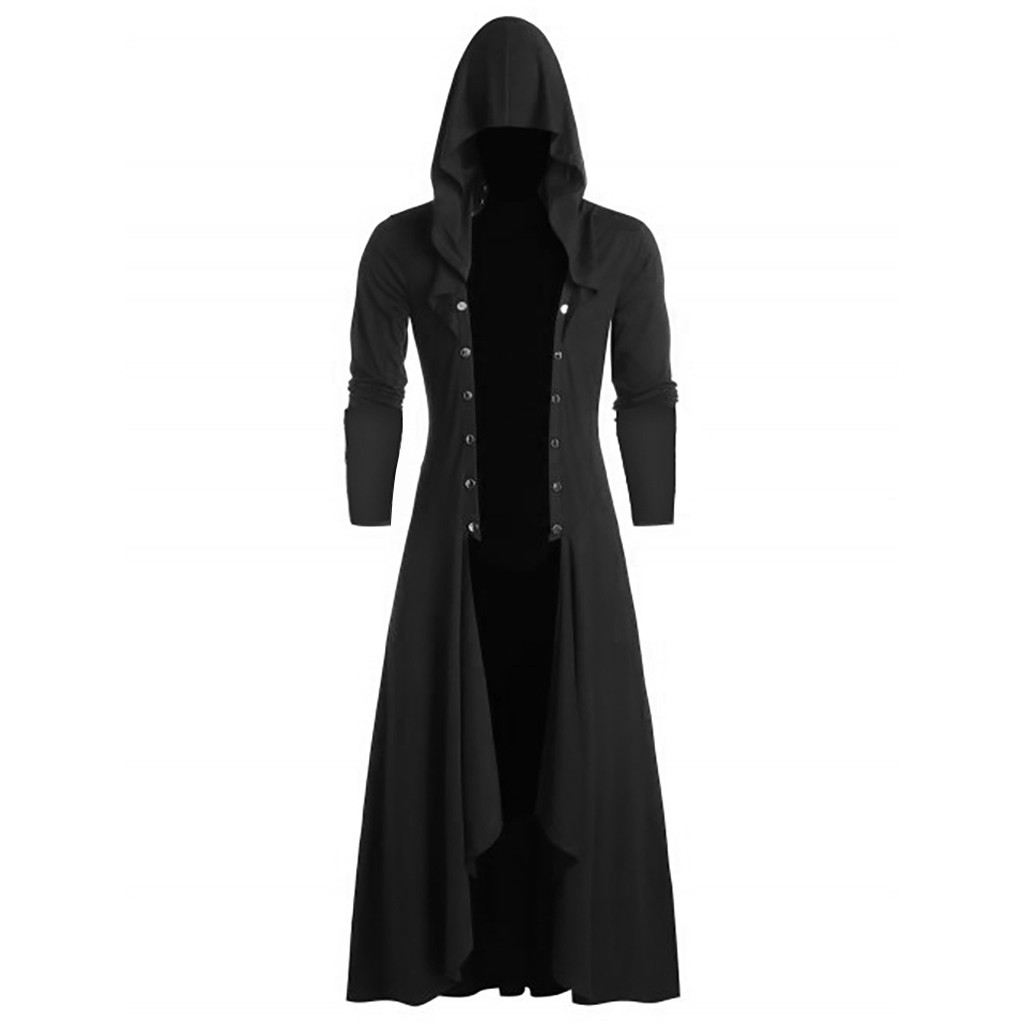 Men's Retro Steam Punk Gothic Wind Cloak Coat Black Solid Casual Hooded Cardigan Business Long Sleeve Cardigan Coat Streetwear