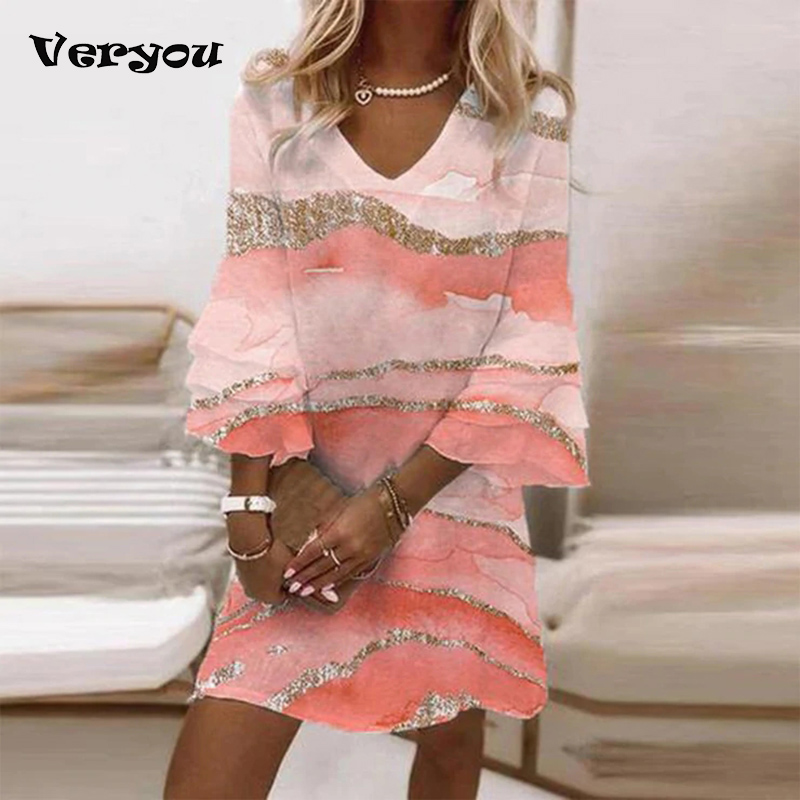 Summer Women Harajuku Print Vintage Shirt Dress Femme Elegant 3/4 Sleeve Loose Mini Dress Spring  Sexy V Neck Party Dress