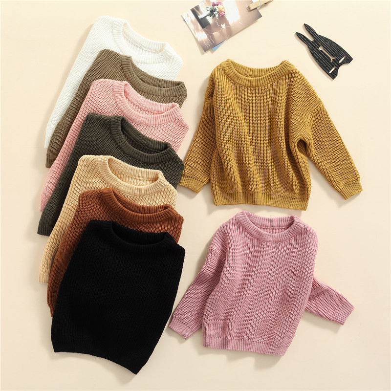 Baby Girls  Sweaters Solid Color Long Sleeve Round Collar Knitted Pullover Autumn Winter Casual Basic Top For Newborn Infant