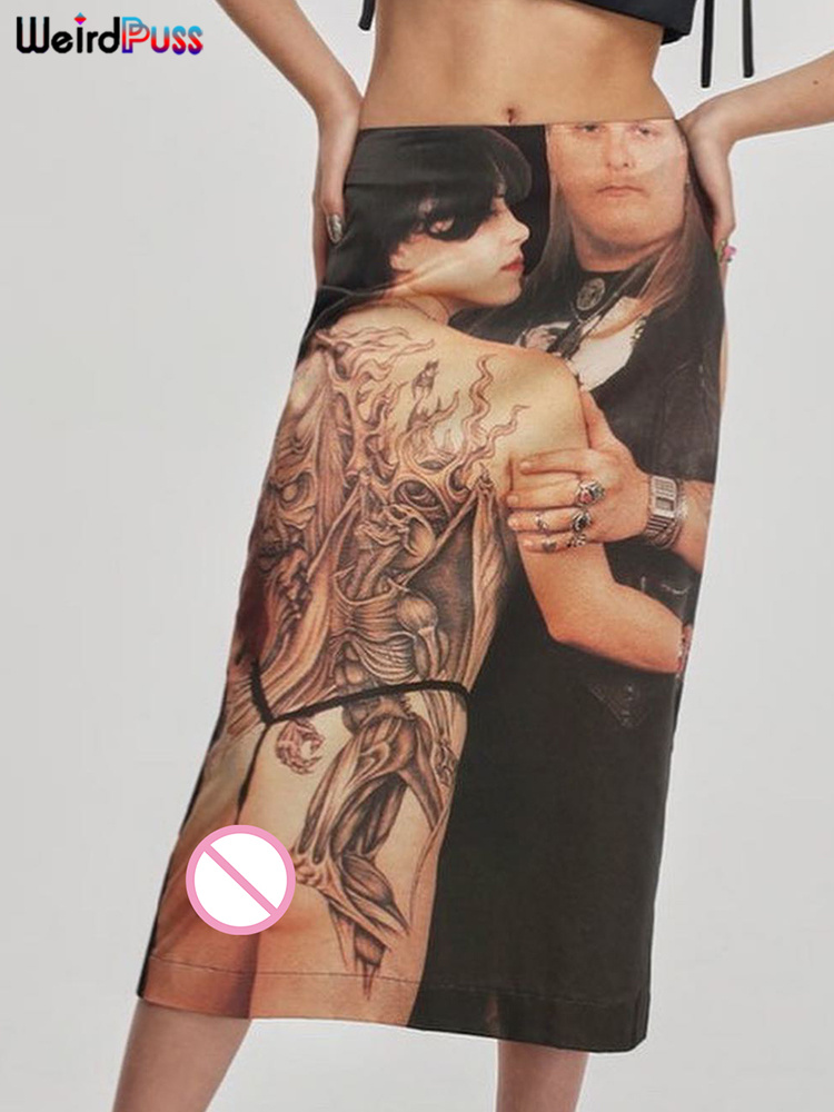 Weird Puss Straight Skirt Body Print Women Low Waist Navel Wild Casual Streetwear  Party Stretchy Skinny  Clothing