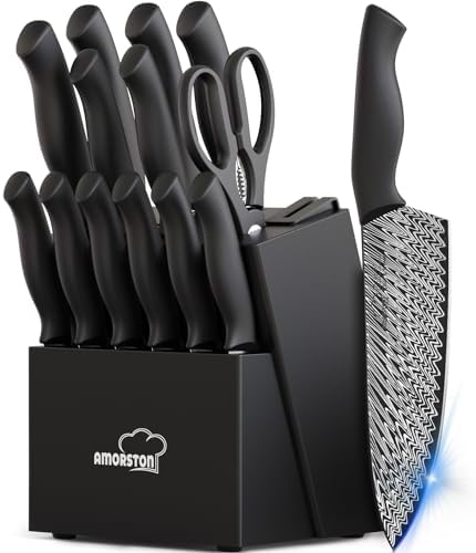 Knife Set, 15 Pieces Kitchen Knife Set with Built in Knife Sharpener Block
