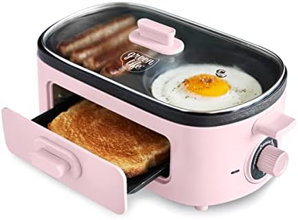 GreenLife 3-in-1 Breakfast Station, Ceramic Nonstick Dual Griddles for Eggs, Meat, Pancakes & Sandwiches + 2-Slice Toast Drawer, Healthy Cooking, Timer, Versatile Morning Meal Maker, Pink