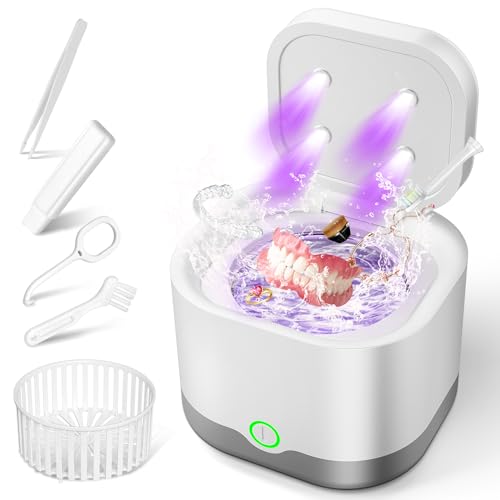 Ultrasonic Retainer Cleaner, Retainer Cleaner Machine for Dentures, Denture Cleaner for All Dental Appliances 45kHz Professional Ultrasonic Jewelry Cleaner with Cleaning Basket 200ml (White)