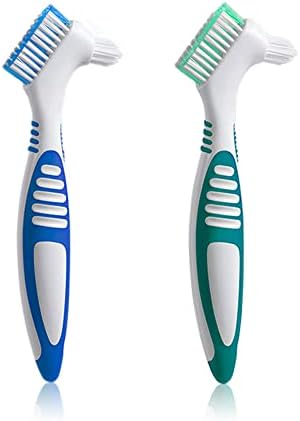 Denture Brush 2Pcs Denture Toothbrushes，Denture Cleaning Care Cleaning Brush ，Double Sided Toothbrush，Multi-Layered Bristles and Rubber Anti-Slip Handle (Blue and Green)