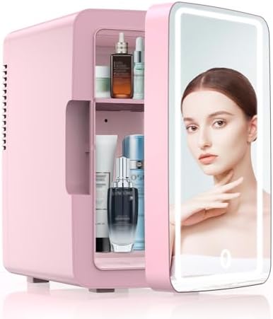 PERSONAL CHILLER 6.2L Skincare Fridge with LED Makeup Mirror, Mini Fridge Cooler and Warmer, Portable Fridge for Makeup, Skincare, Snacks, Bedroom Vanity (Pink)