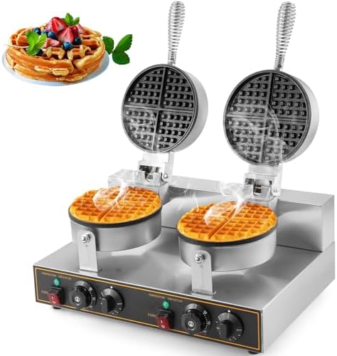 WICHEMI Commercial Waffle Maker, Double Head Waffle Maker Machine 110V 2400W Professional Waffle Iron Non-stick Round Waffle Maker for Bakery, Restaurant, Snack Bar or Household
