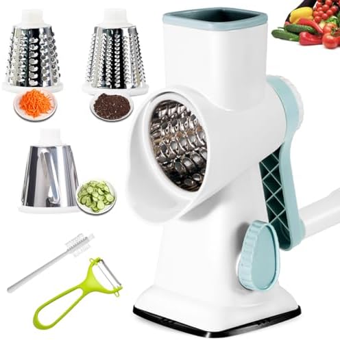 Cheese Grater Rotary Cheese Grater,Versatile Cheese Shredder,Blades for Shredding, Grating, Slicing,Cheese Shredder with Suction Base and Cleaning Brush Kitchen Gift (white)