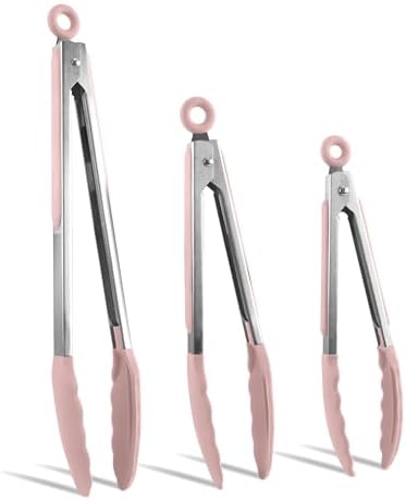 COOK WITH COLOR Stainless Steel Silicone Tipped Kitchen & BBQ Tongs Set, 8", 10” and 13”, Pink