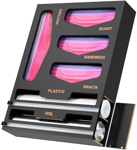 6 in 1 Bag Organizer and Wrap Dispenser with Magnetic Lid - Plastic Wrap Dispenser with Cutter for Kitchen Drawer, Storage for Gallon, Quart, Sandwich, Snack Bags, and Foil Black