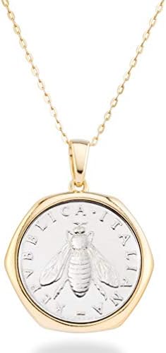 Miabella Italian 18K Gold over 925 Sterling Silver Genuine 2-Lira Bee Coin Medallion Pendant Necklace for Women 18 Inch Chain, Made in Italy