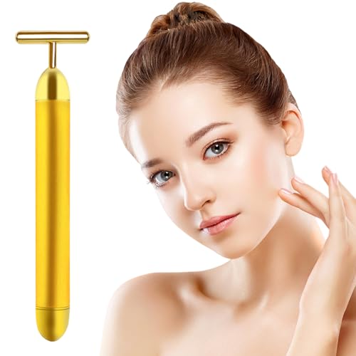 Aubric Face Massager Electric Beauty Bar 24k Golden Facial Massage Tool, T-Shape Electric Vibrating Wand Face Neck Skin Firming Lifting Tighting Wrinkles Reducing Body Treatment Anti Aging Device