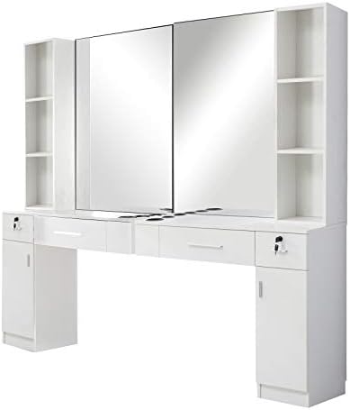 BarberPub Wall Mount Barber Station with 6 Hair Dryer Holders Salon Hair Styling with Mirror Dressing Table Beauty Salon Spa Equipment Set 3026+3036 (White)