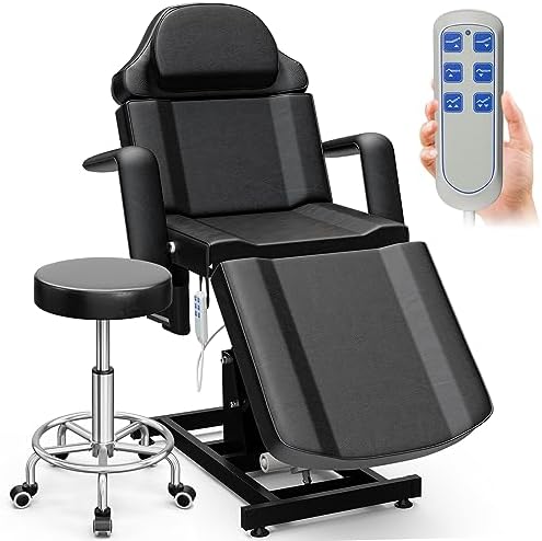 Fully Electric Tattoo Bed Esthetician Spa Chair with 3 Motor, Remote Control Height and Angle Facial Bed, 4 Section Professional Beauty Bed Massage Table, Black, Stool Included