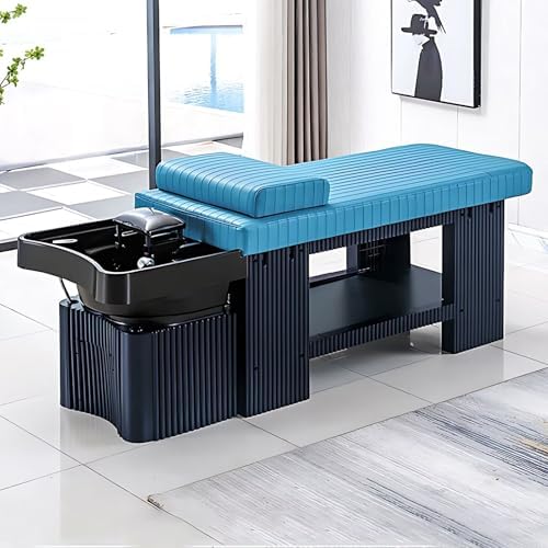 Massage Shampoo Bed-Shampoo Bed with Light Luxury Blue Stripe Design, Head Spa Equipment&Beauty Bed Includes Comfortable Headrest, Ample Storage Space(78.74IN)